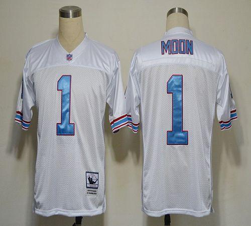 Mitchell And Ness Oilers #1 Warren Moon White Embroidered Throwback NFL Jersey